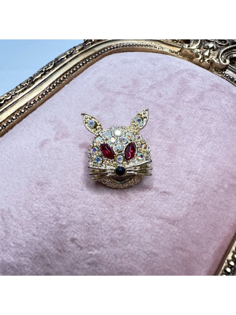 Vintage Aurora Borealis Crystal Rabbit Brooch Pin Red Rhinestone Eyes Gold-Tone - Picture 11 of 16